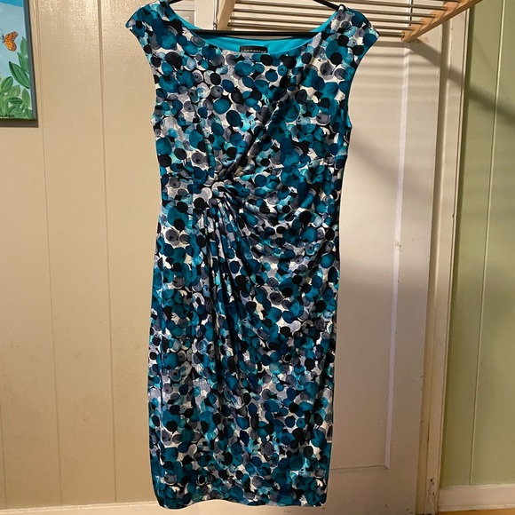 Connected Apparel Cap Sleeve Mock Wrap Dress blue dots - Picture 14 of 16